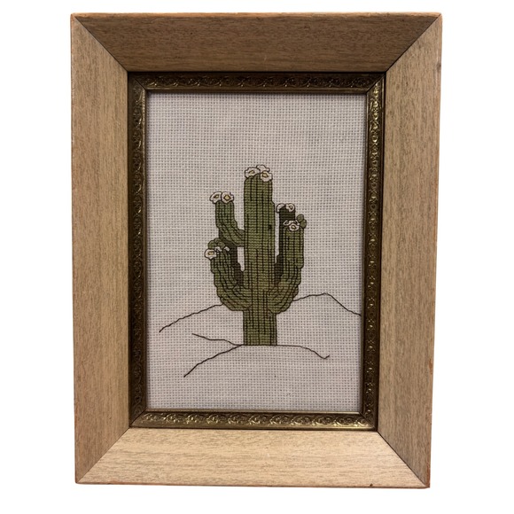 Handmade Other - Vintage Handcrafted Saguaro Cactus Cross Stitch Framed Desert Wall Art 9x6.5